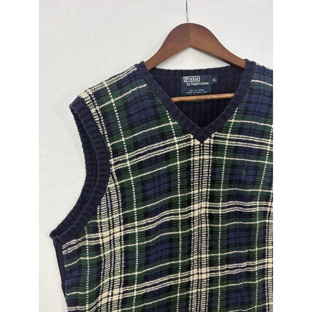 VTG Polo Ralph Lauren Knit Sweater Vest Plaid‎ Pony Academia Green Navy Prep XL - Picture 4 of 9
